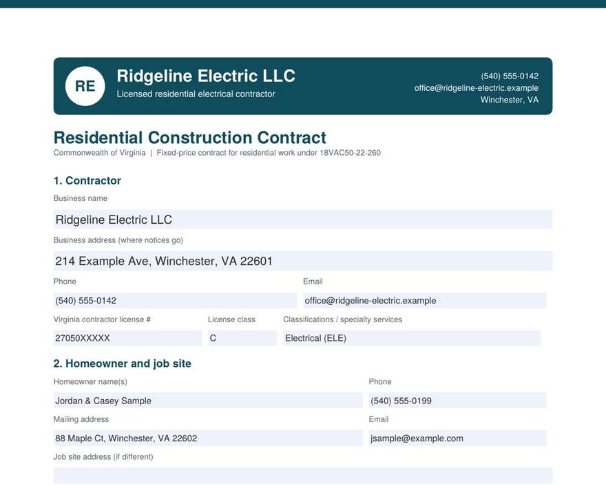 Sample branded contract for a fictional company, Ridgeline Electric LLC, with its logo and colors across the top